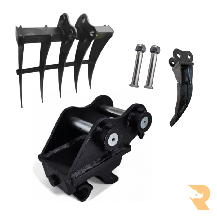 Mini Excavator Attachments Bundle 25mm Pins - Ripper, Quick Hitch, Rake