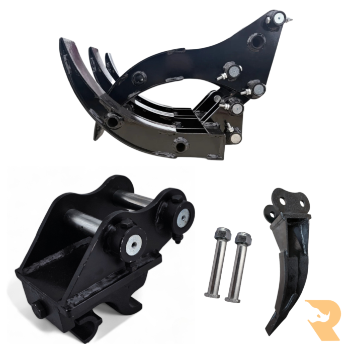 Mini Excavator Attachments Set 25mm Pins with Digger Ripper, Quick Hitch, Log Grab