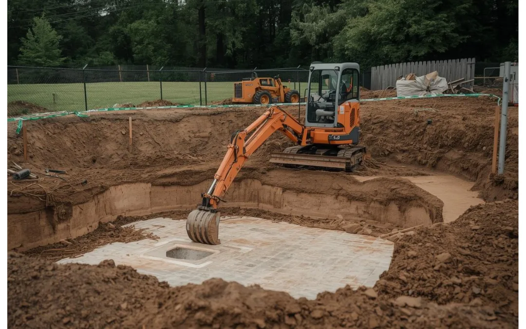 Mini excavator operator digging for pool installation